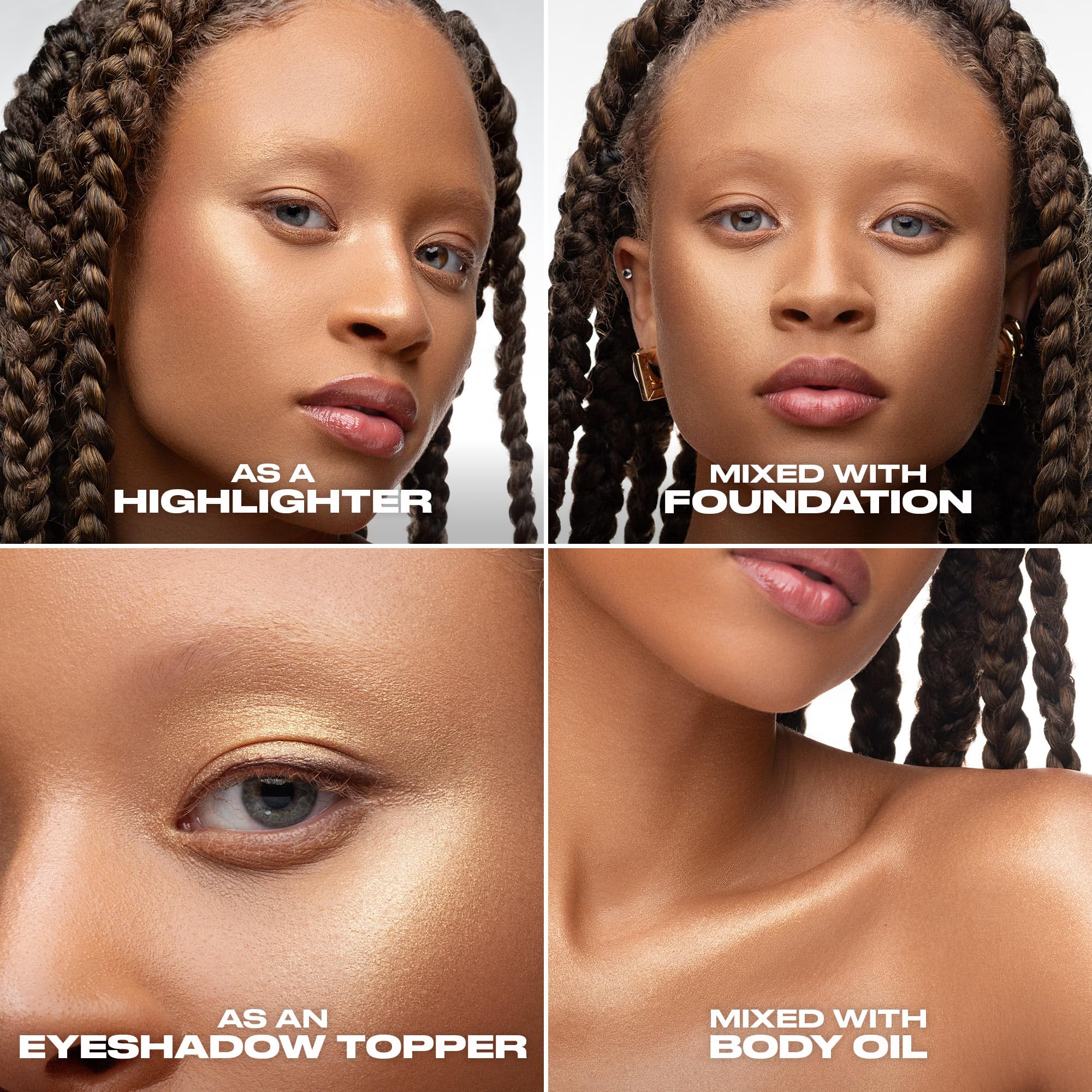 URBAN DECAY Face Bond Luminizer applied to face highlighting cheekbones for glow.