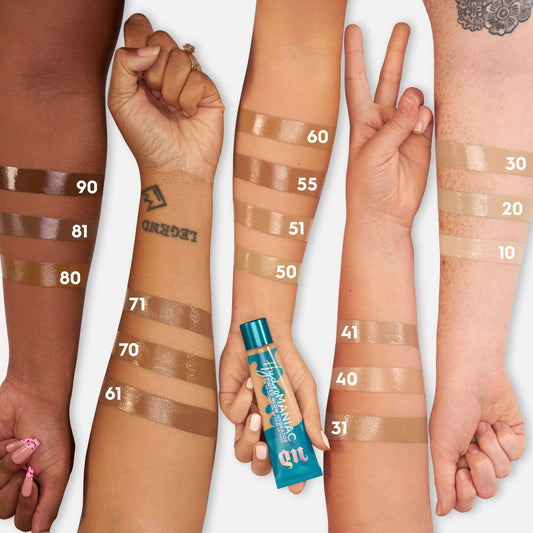 Urban Decay Hydromaniac swatches on skin reveal buildable medium coverage.