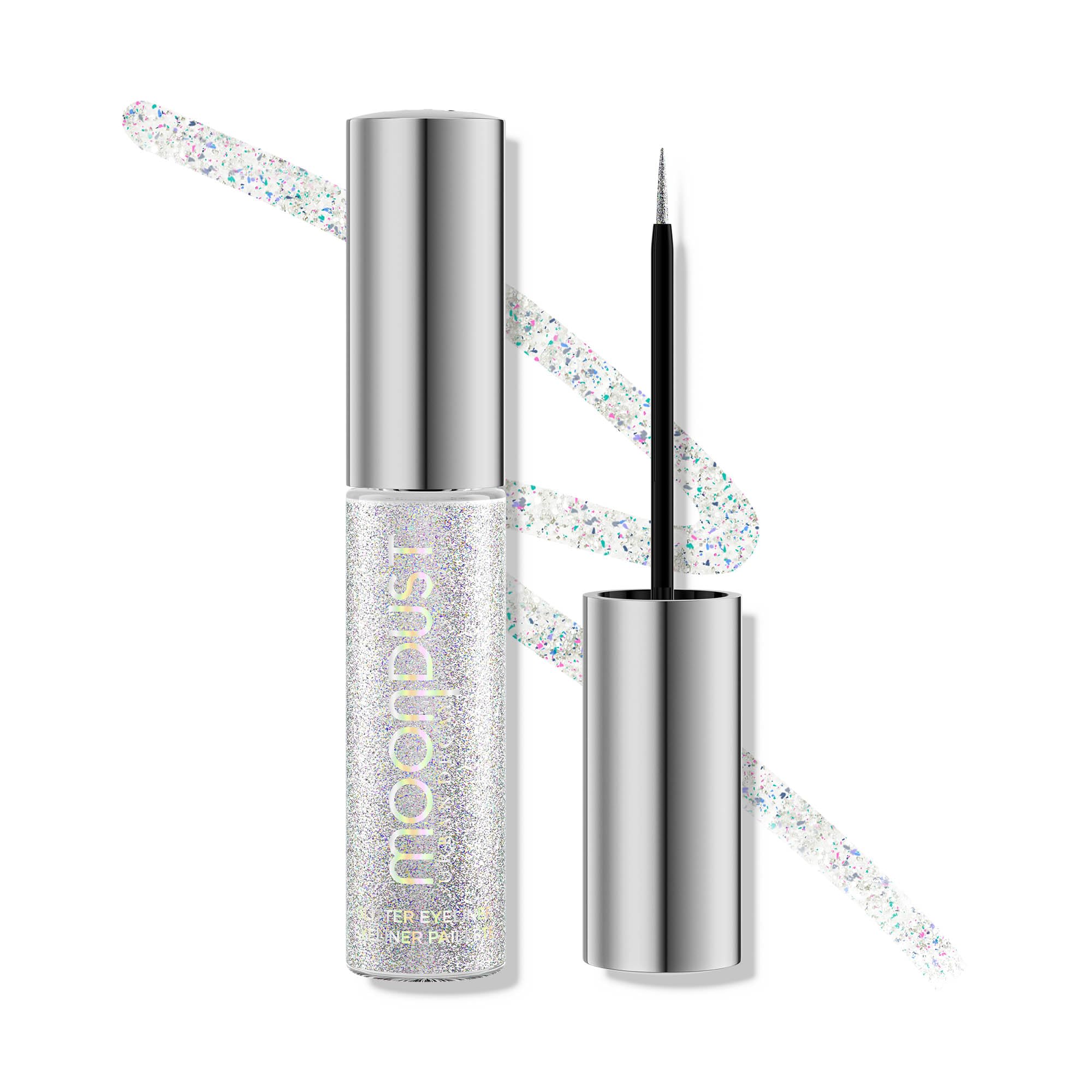Urban Decay Moondust Liquid Glitter Eyeliner Pyro swatch shows iridescent silver shine.
