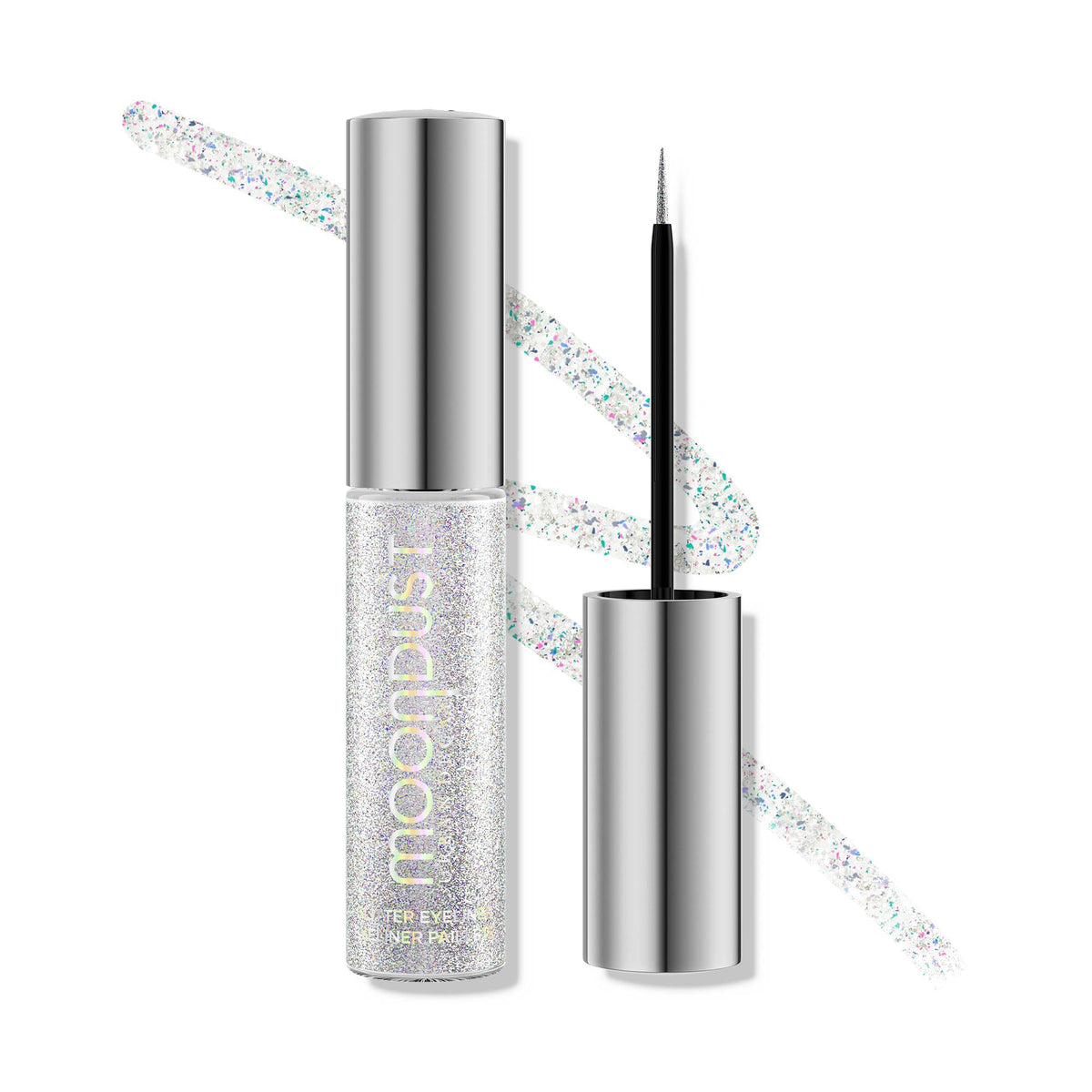 Urban Decay Moondust Liquid Glitter Eyeliner Pyro swatch shows iridescent silver shine.