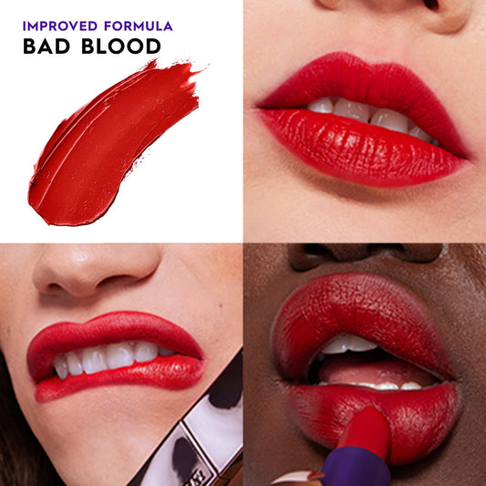 Urban Decay Vice Hydrating Lipstick Bad Blood application close-up highlights creamy texture.