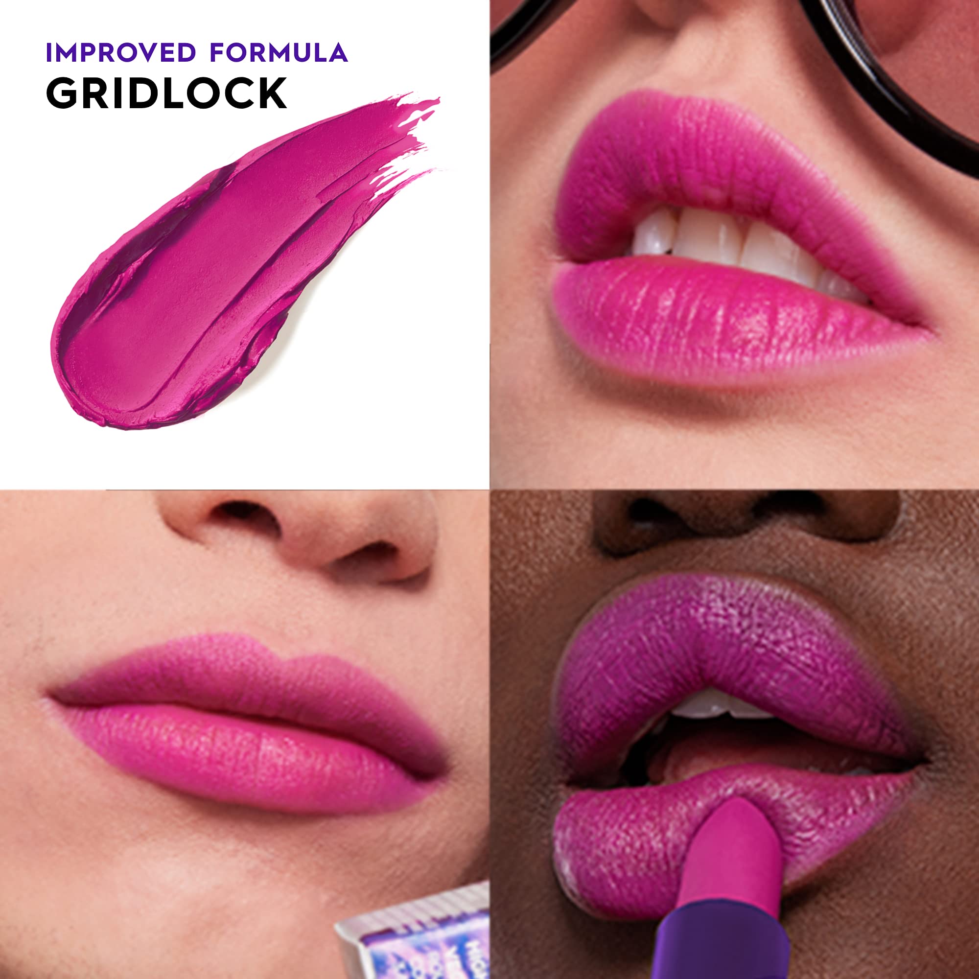 Urban Decay Vice Hydrating Lipstick Gridlock on lips, rich matte color with hydration.