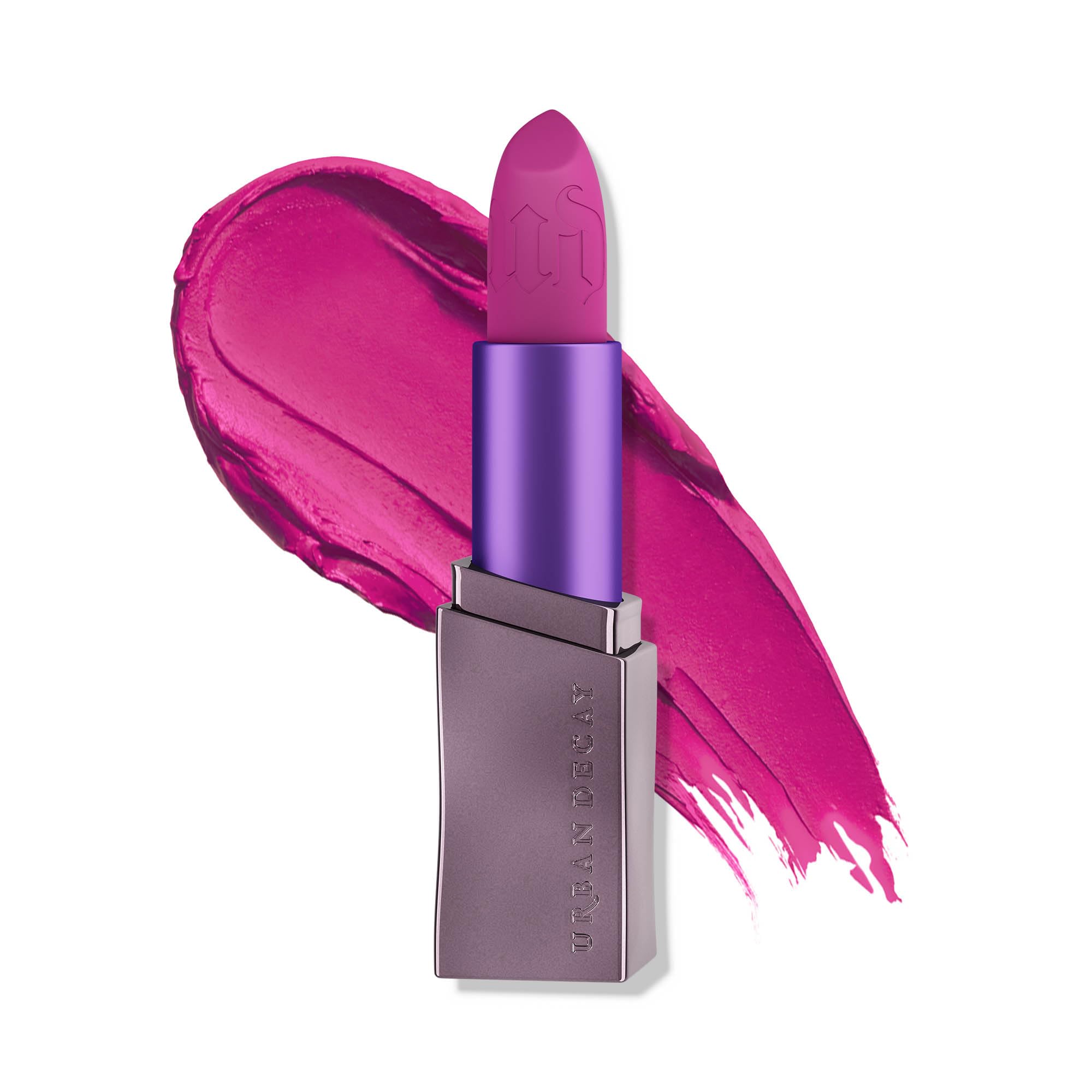 Urban Decay Vice Hydrating Lipstick Gridlock swatch in bright berry fuchsia, long-wearing.