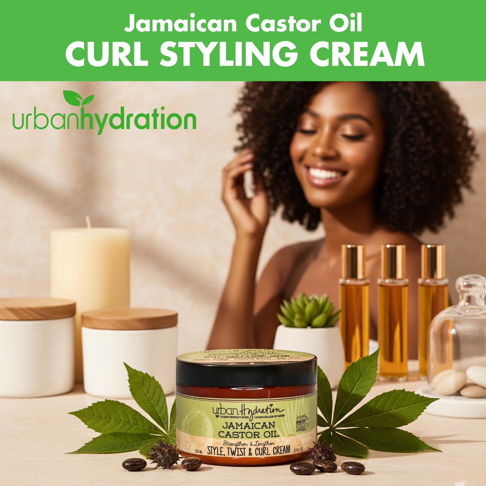 Hair application image demonstrates defined curls and even moisture distribution.