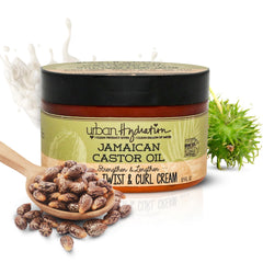 Urban Hydration Jamaican Castor Oil Curl Cream packaging highlights a sulfate-free formula for all hair types.