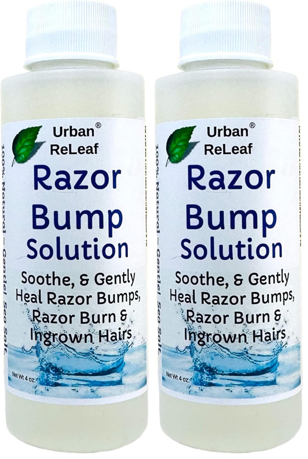 Urban ReLeaf Razor Bump Solution bottle displaying mineral sea salt blend for soothing shaved skin