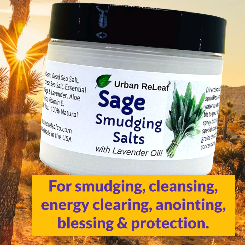 Urban ReLeaf sage smudging salts jar display highlighting lavender scent