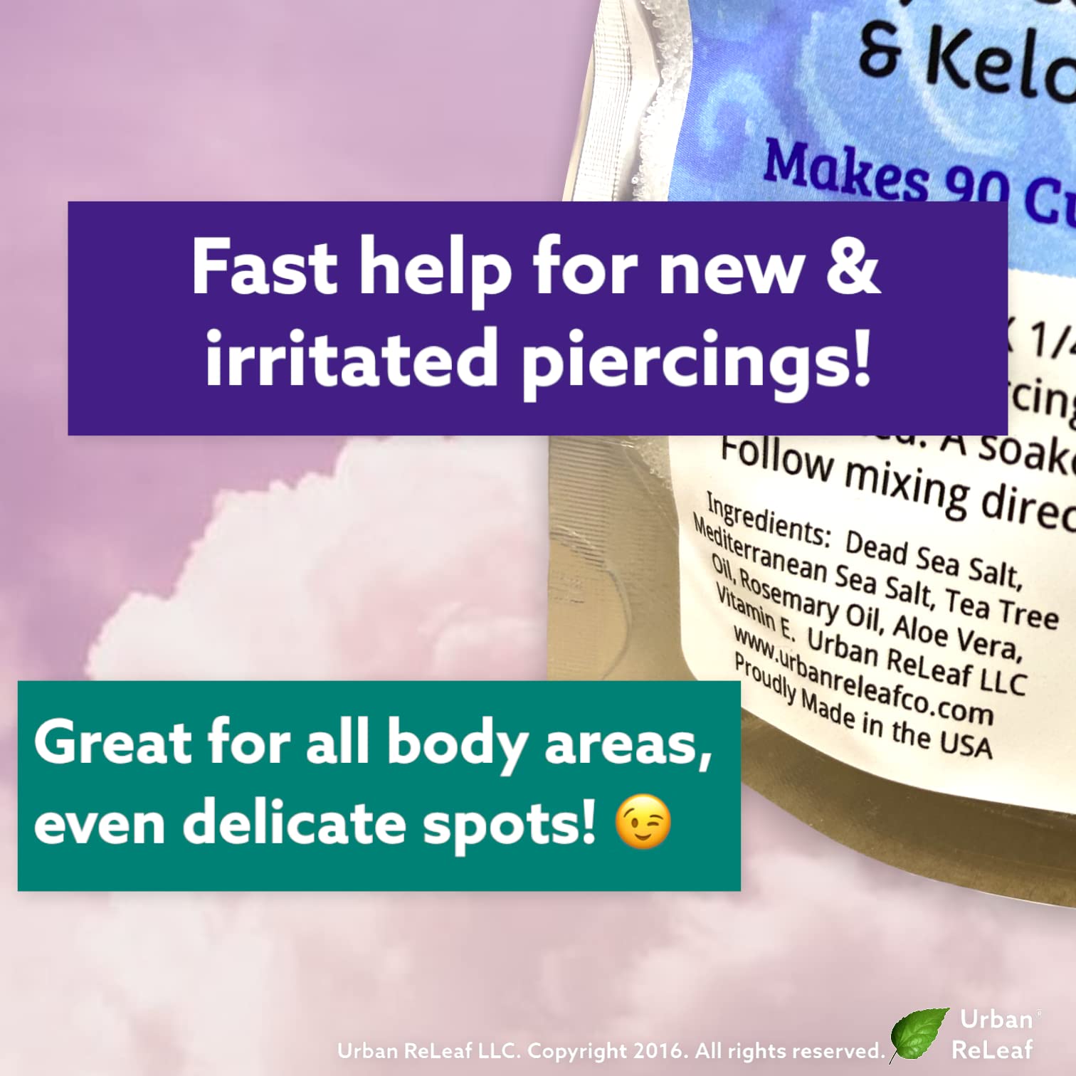 Urban ReLeaf Tea Tree oil bottle highlights refreshing, quick recovery during soaks.