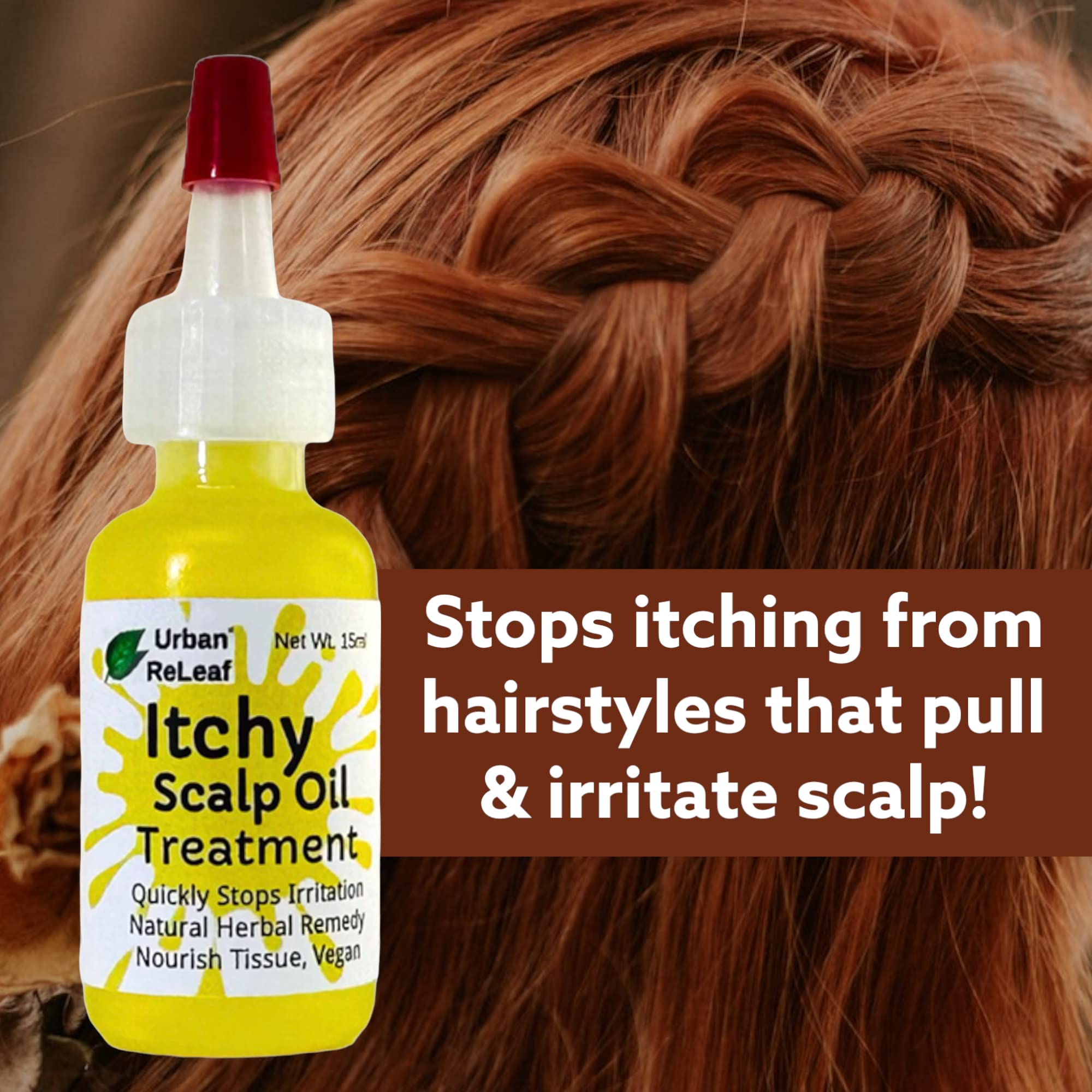 Urban ReLeaf Itchy Scalp Oil Treatment shown with protective styles like braids.