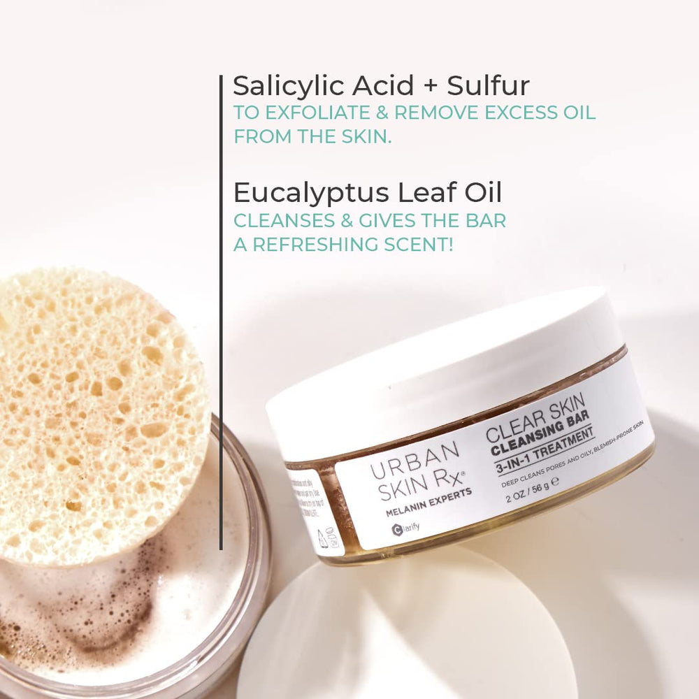 Urban Skin Rx Clear Skin 3-in-1 bar lather close-up shows exfoliation and cleansing.