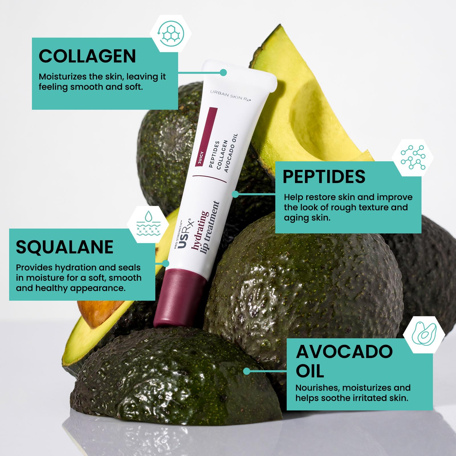 Urban Skin Rx Pro Strength lip-treatment-application shows soothing hydration on lips.