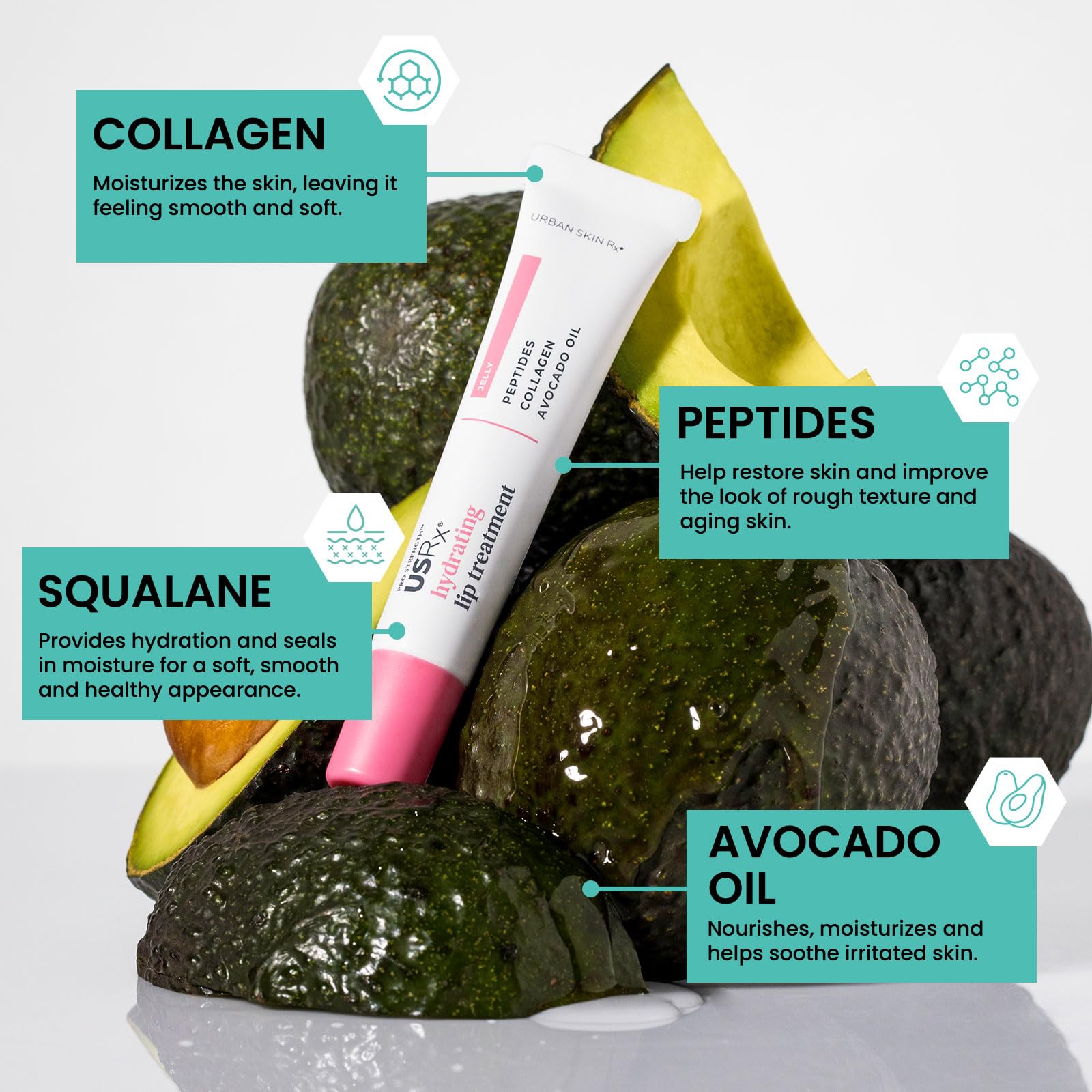 Urban Skin Rx lip-treatment texture close-up showing jelly formula