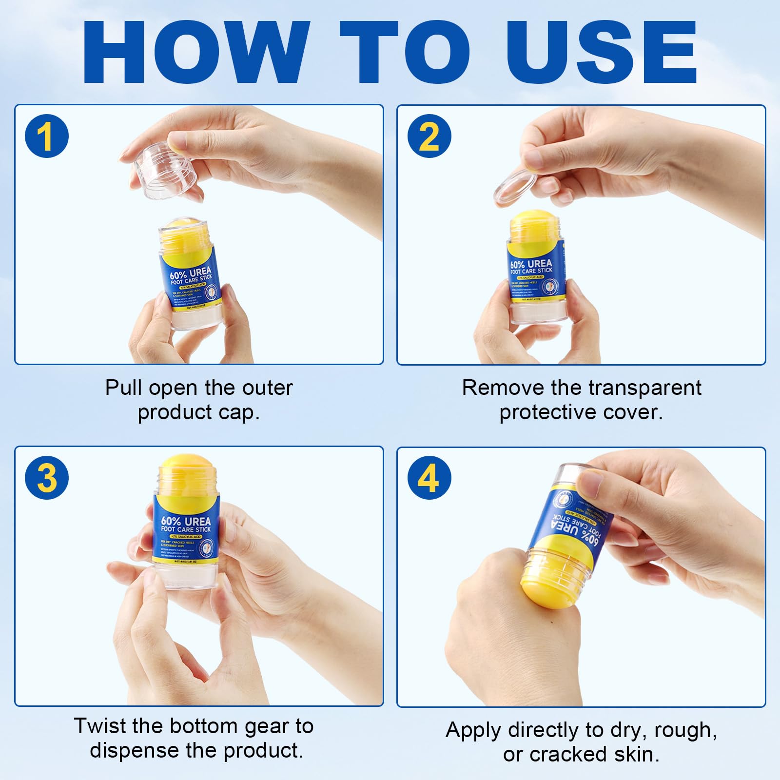 Urea 60% Cream Stick feet application emphasizes softer heels after use