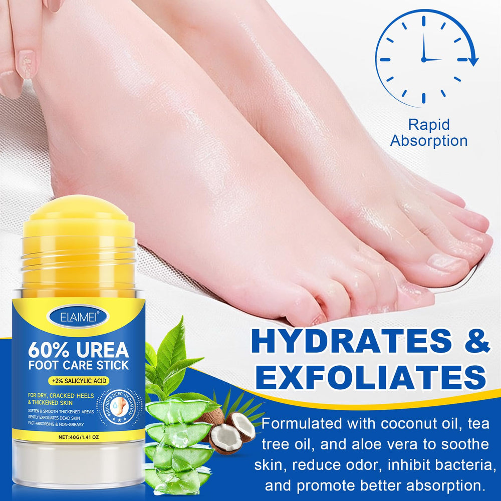 The 60% Urea Foot Care Stick on feet demonstrates direct application to dry skin.