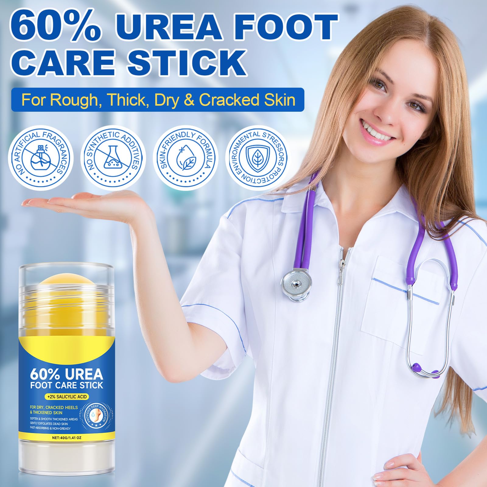 Twist-up mechanism shown for hygienic use of Urea 60% & Salicylic Acid 2% Balm.