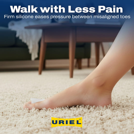 URIEL silicone toe separators worn in shoes to reduce friction.