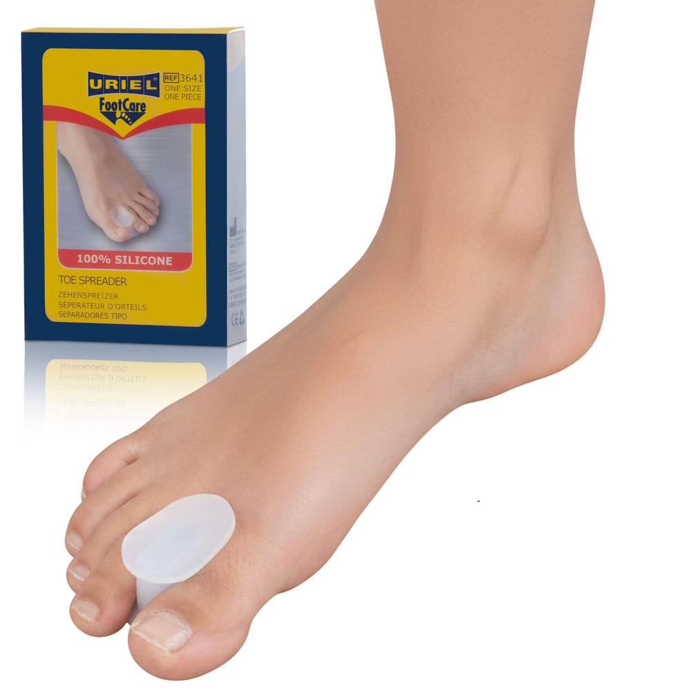 URIEL soft gel toe spacers close-up with mineral oil for skin-friendly comfort.