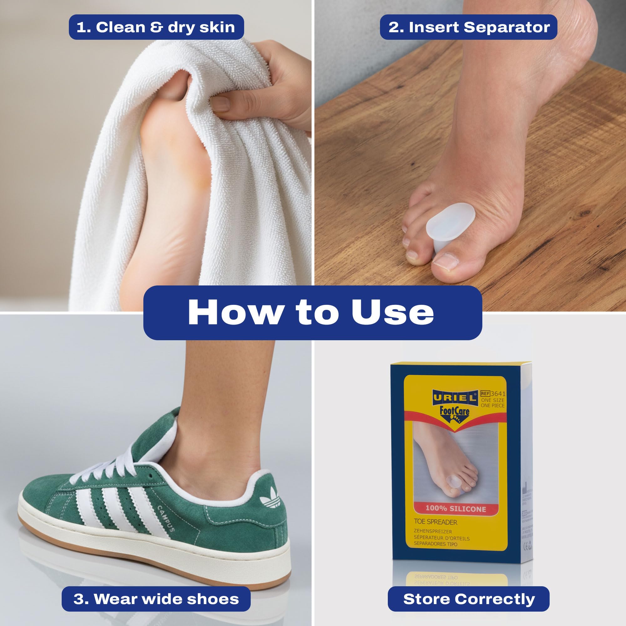 URIEL universal-size toe spacers fit most feet for versatile use.