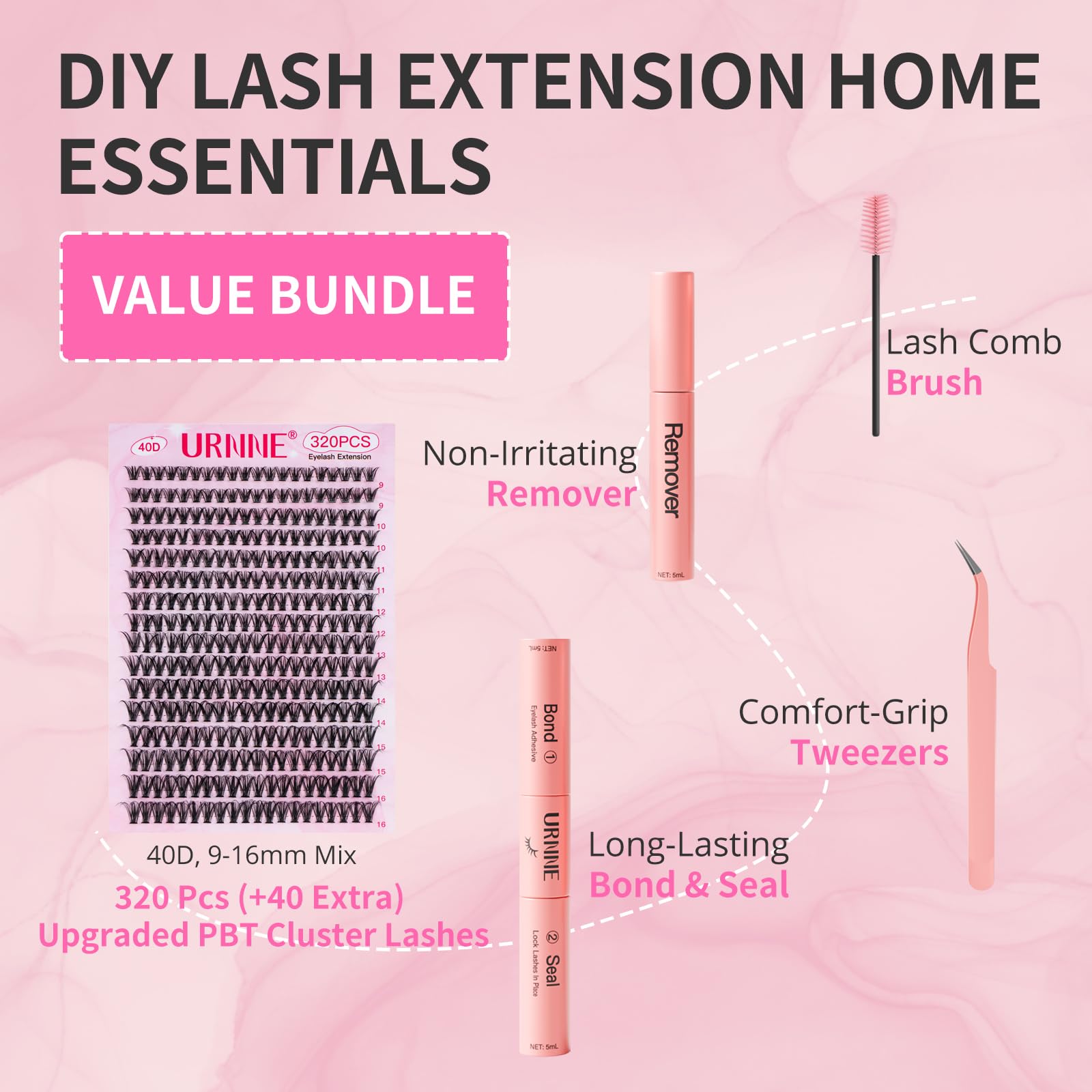 URNNE lash extension kit 40D curl close-up for a natural lift.