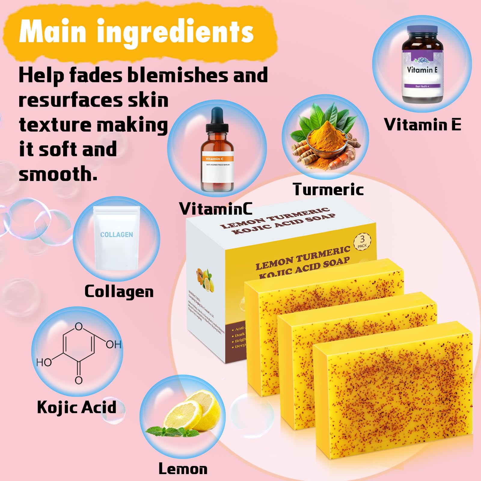 Close-up reveals turmeric texture and natural color of the soap