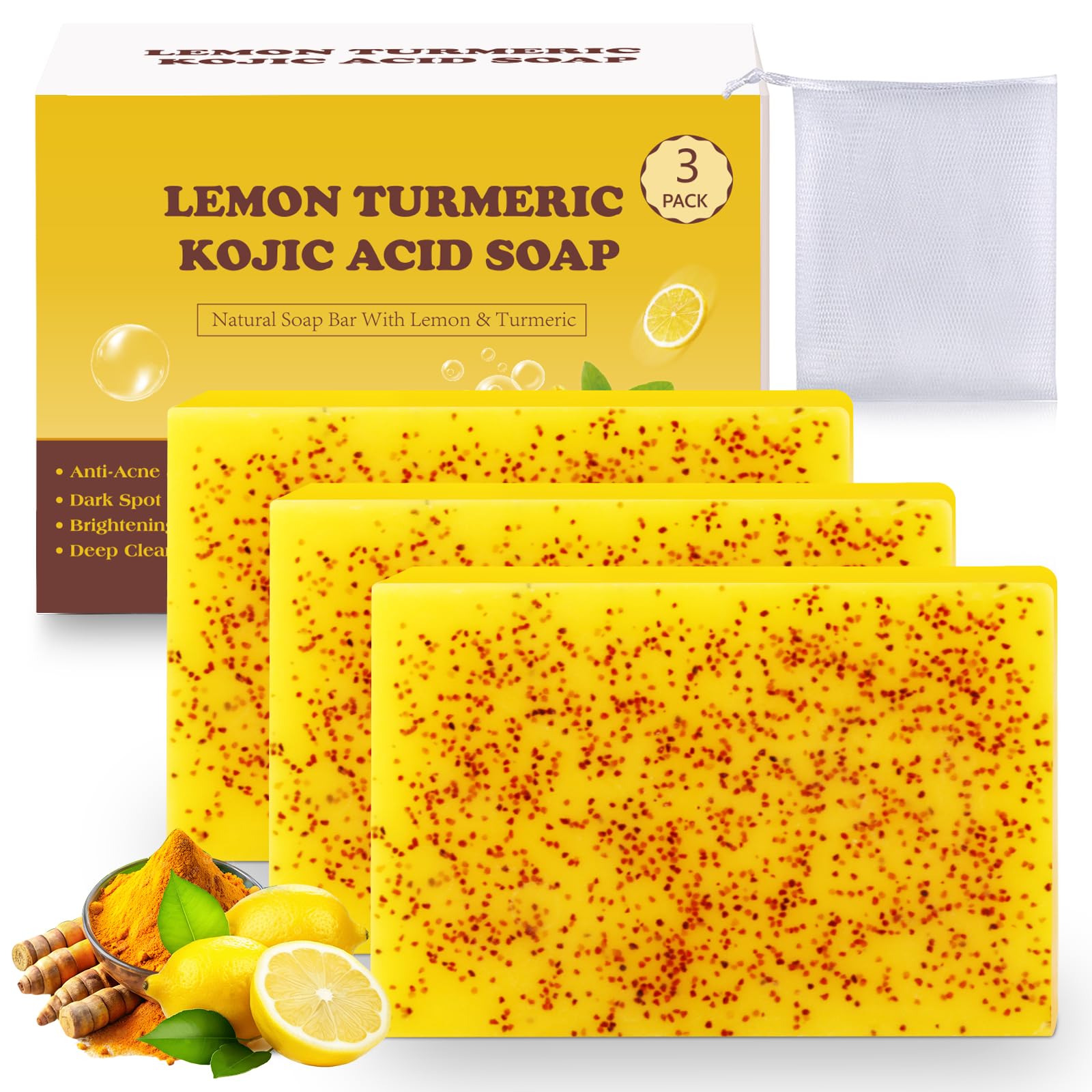 Urrznp Kojic Soap Bar front view shows lemon turmeric formula for a gentle cleanse