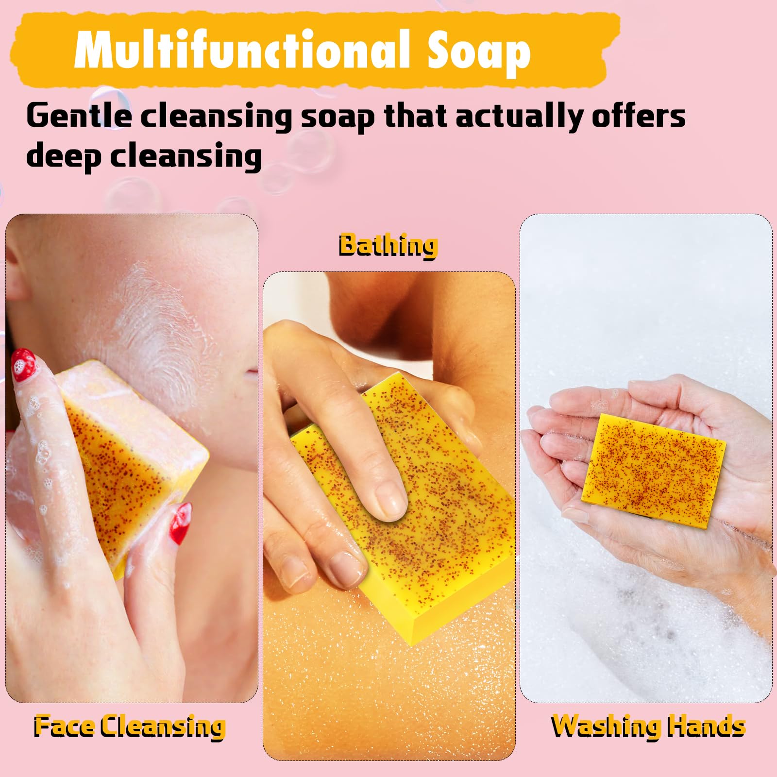 Mesh bag usage image demonstrates convenient scrubbing and soap drying