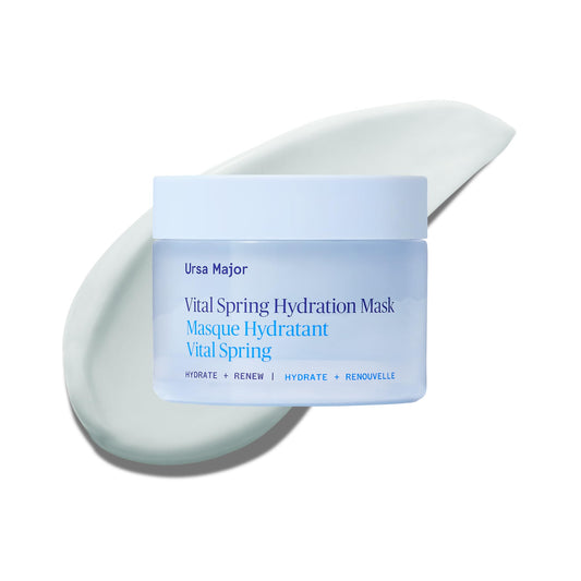 Ursa Major Vital Spring Hydration Mask bottle shows quick hydration potential for dry skin
