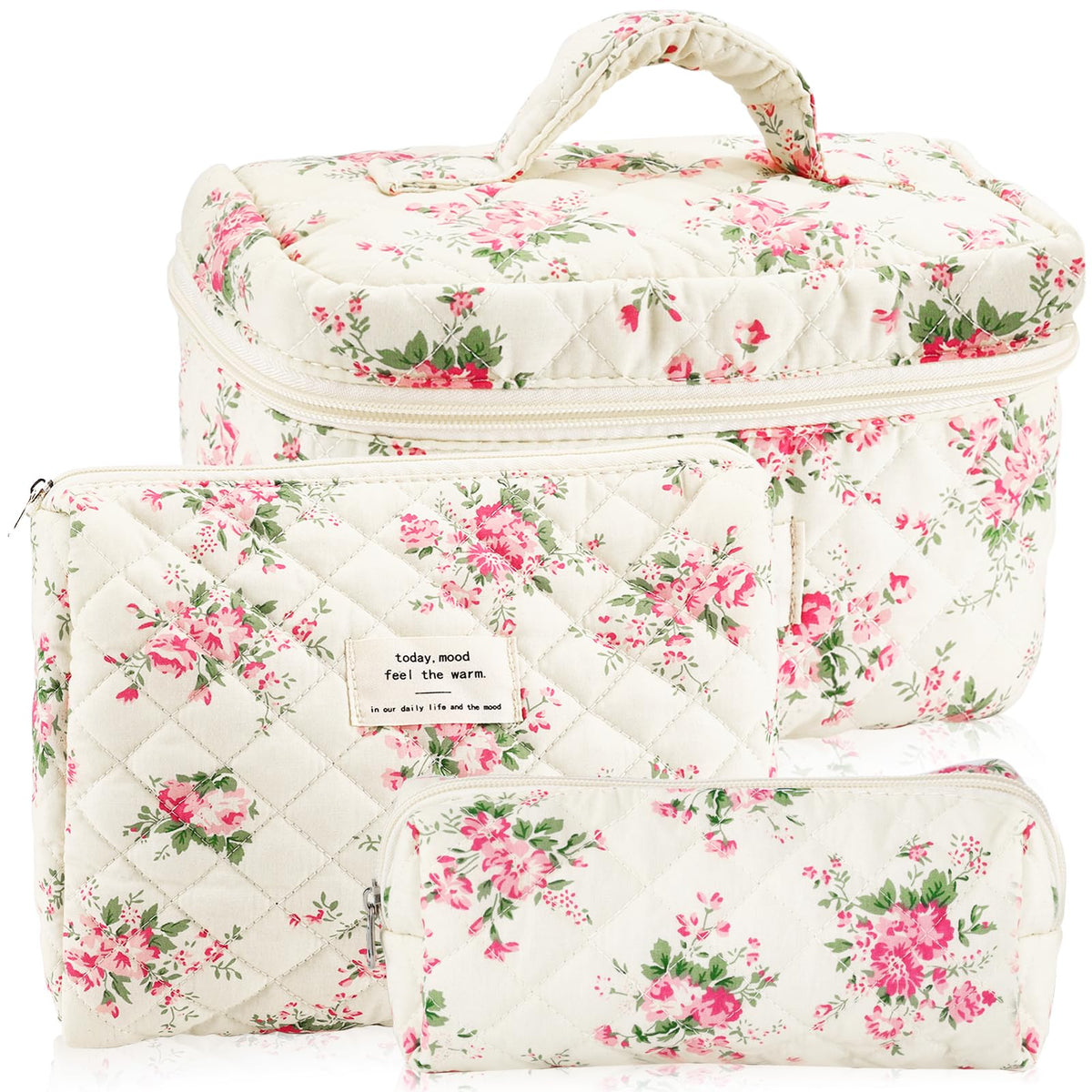 URSKYTOUS 3-piece quilted makeup bag set, front view showing floral travel-ready design for daily cosmetics.