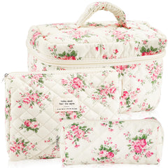 URSKYTOUS 3-piece quilted makeup bag set, front view showing floral travel-ready design for daily cosmetics.