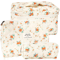 URSKYTOUS 3Pcs quilted makeup bag set with floral design for organized travel.