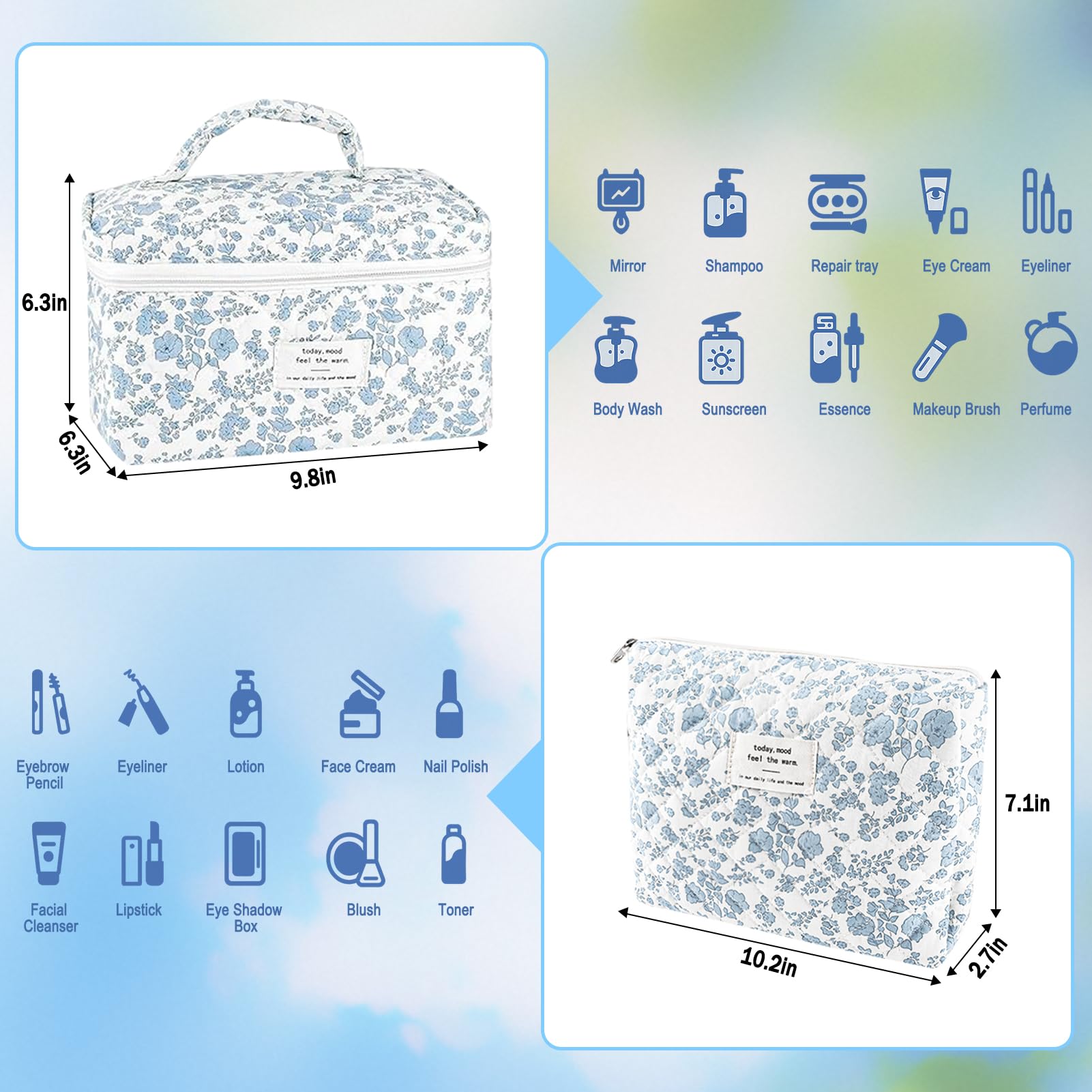 URSKYTOUS large blue floral quilted bag smoothly organizes brushes and skincare items.