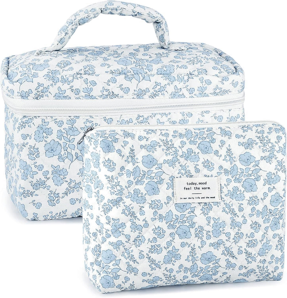 URSKYTOUS small blue floral cotton quilted makeup bag holds daily essentials with soft, durable fabric.