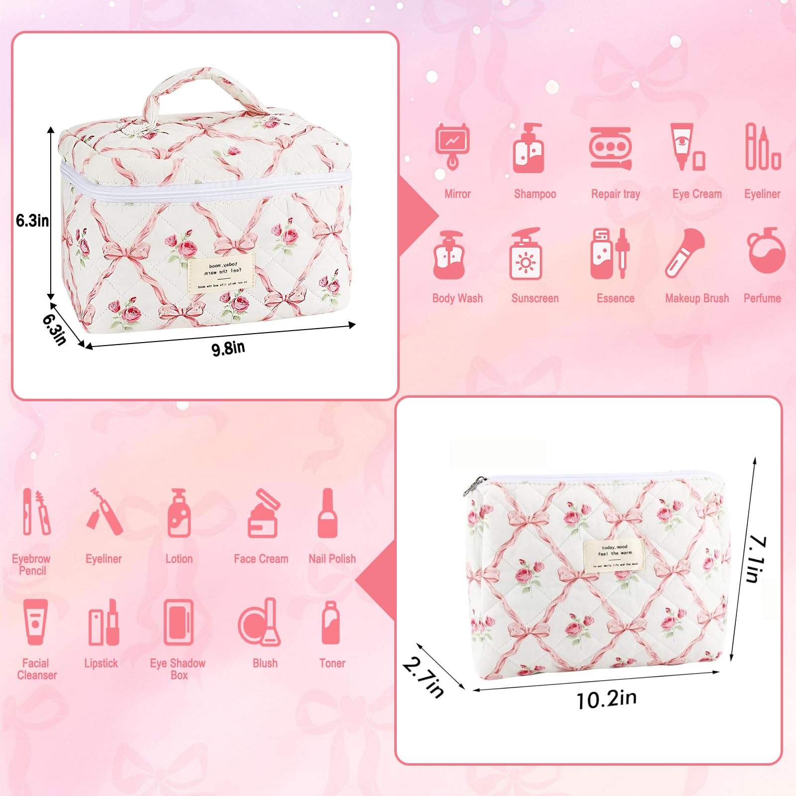 URSKYTOUS small quilted makeup bag pink coquette for brushes