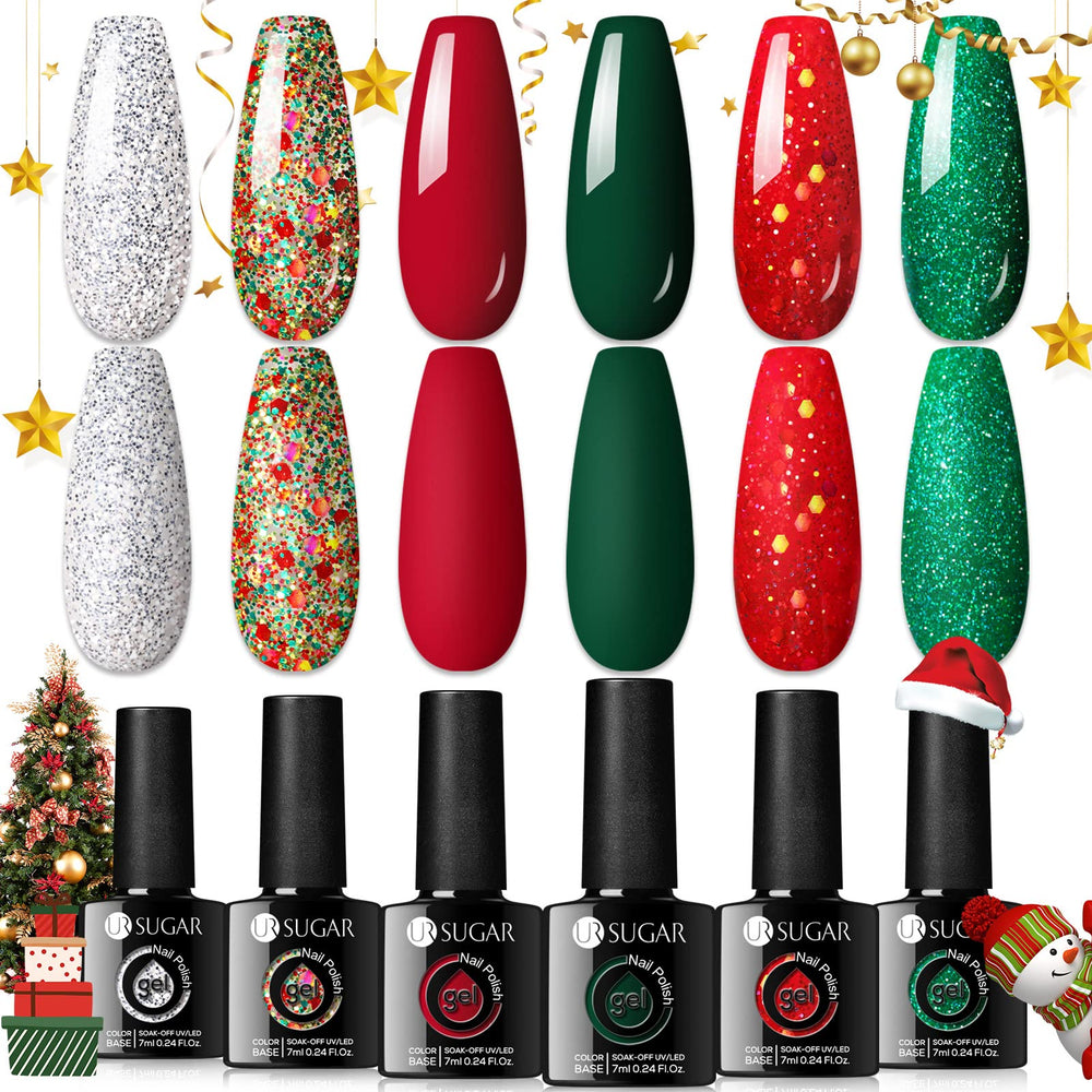 UR SUGAR Christmas gel polish Sparkle Green bottle for festive holiday manicure.