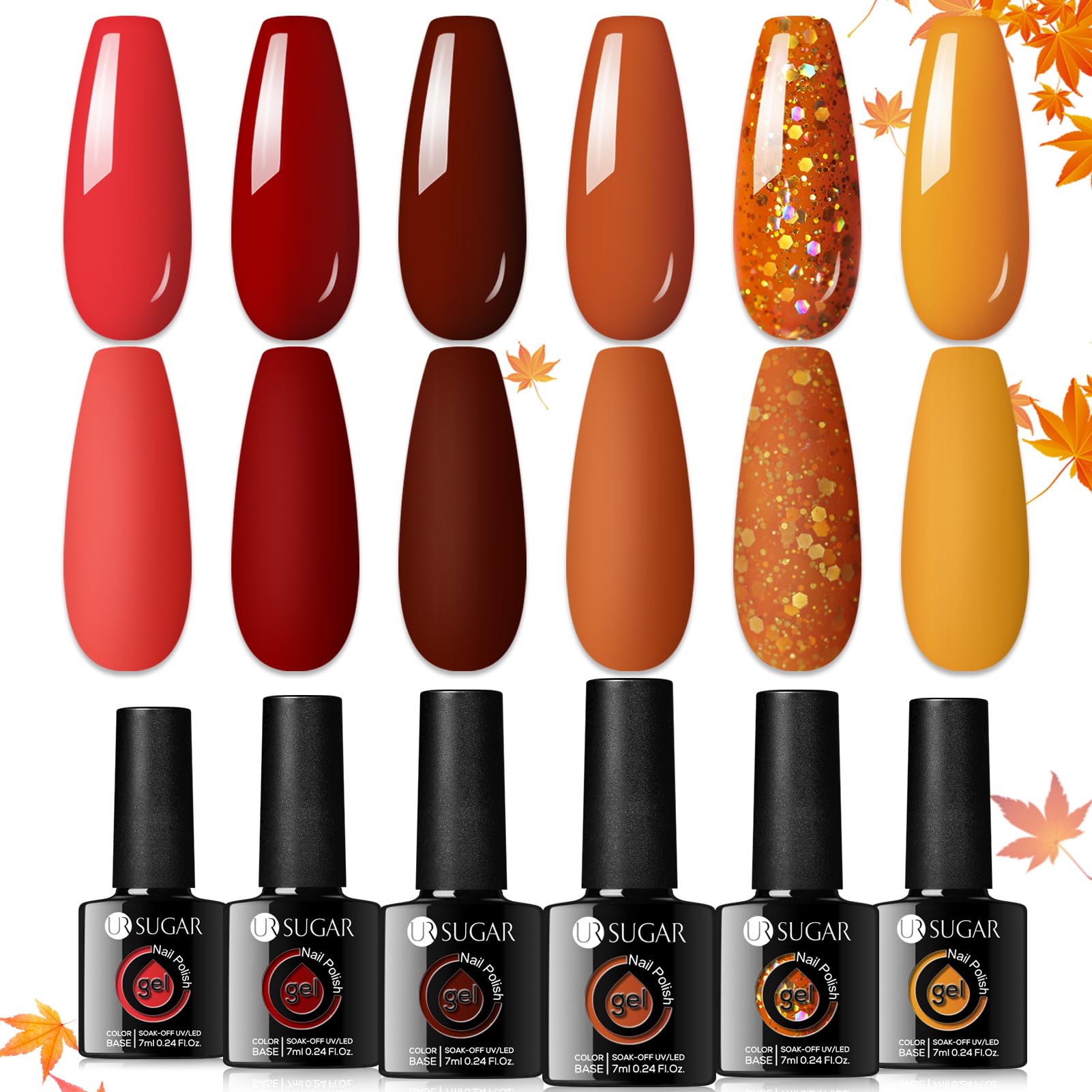 UR SUGAR gel polish bottles show six fall colors for long-lasting manicures.