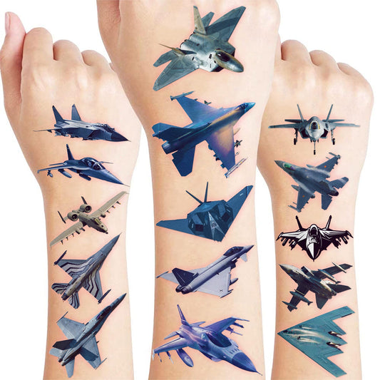 US Airplane Jet Fighter tattoo sheet with playful designs for kids' parties.