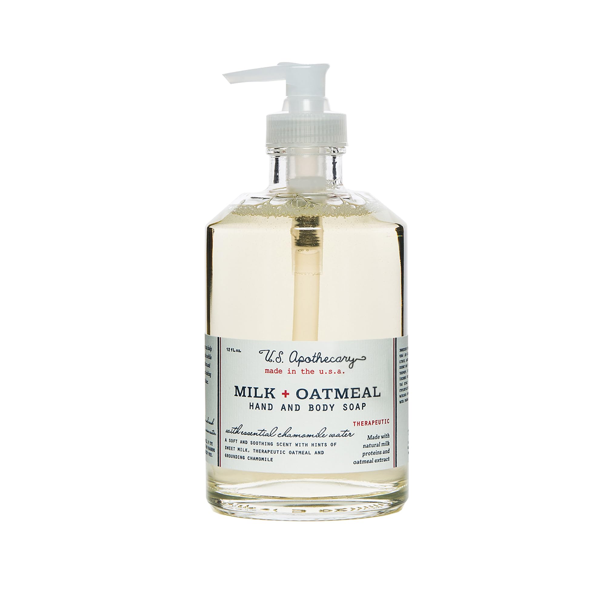 U.S. Apothecary Milk Oatmeal hand soap bottle with creamy texture and soothing scent.