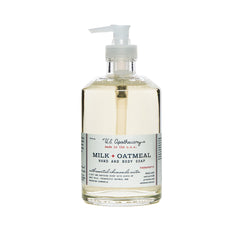 U.S. Apothecary Milk Oatmeal hand soap bottle with creamy texture and soothing scent.