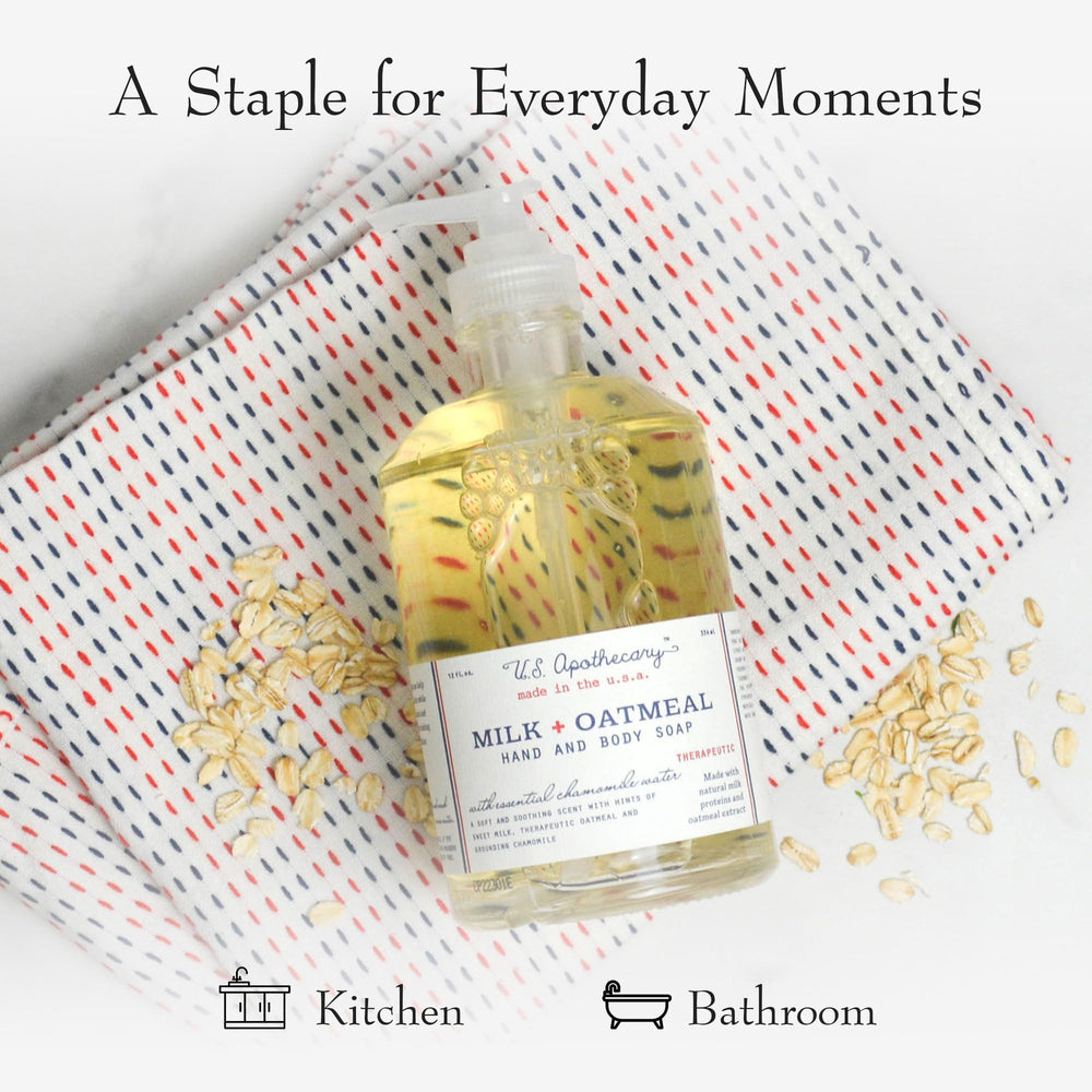 U.S. Apothecary Milk Oatmeal hand soap kitchen use closeup with mild scent.