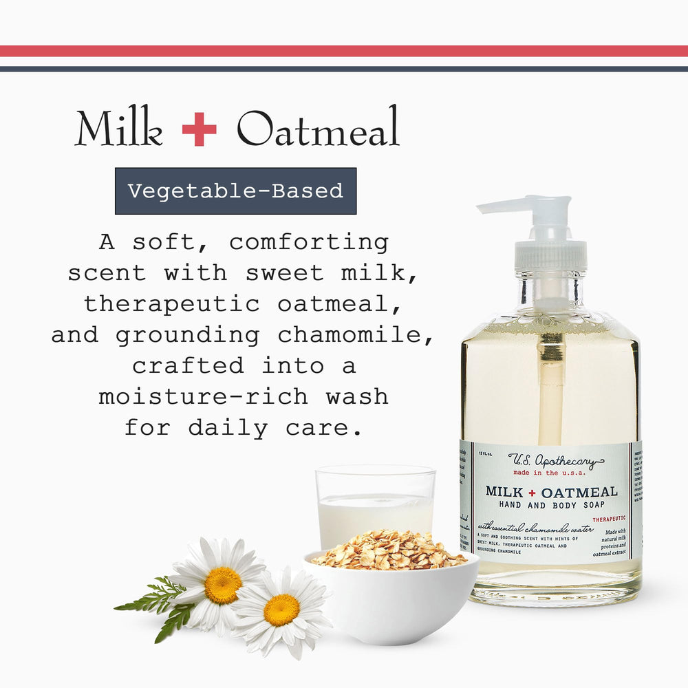 U.S. Apothecary Milk Oatmeal hand soap lather highlights gentle moisturization and fragrance.