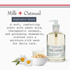 U.S. Apothecary Milk Oatmeal hand soap lather highlights gentle moisturization and fragrance.