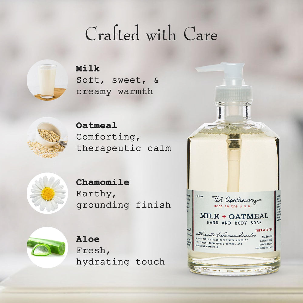 U.S. Apothecary Milk Oatmeal hand soap swatch emphasizes creamy formula and oat benefits.