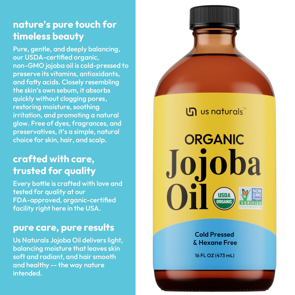 Eco-friendly packaging of Us Naturals organic jojoba oil shown