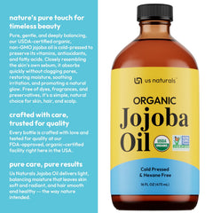 Eco-friendly packaging of Us Naturals organic jojoba oil shown