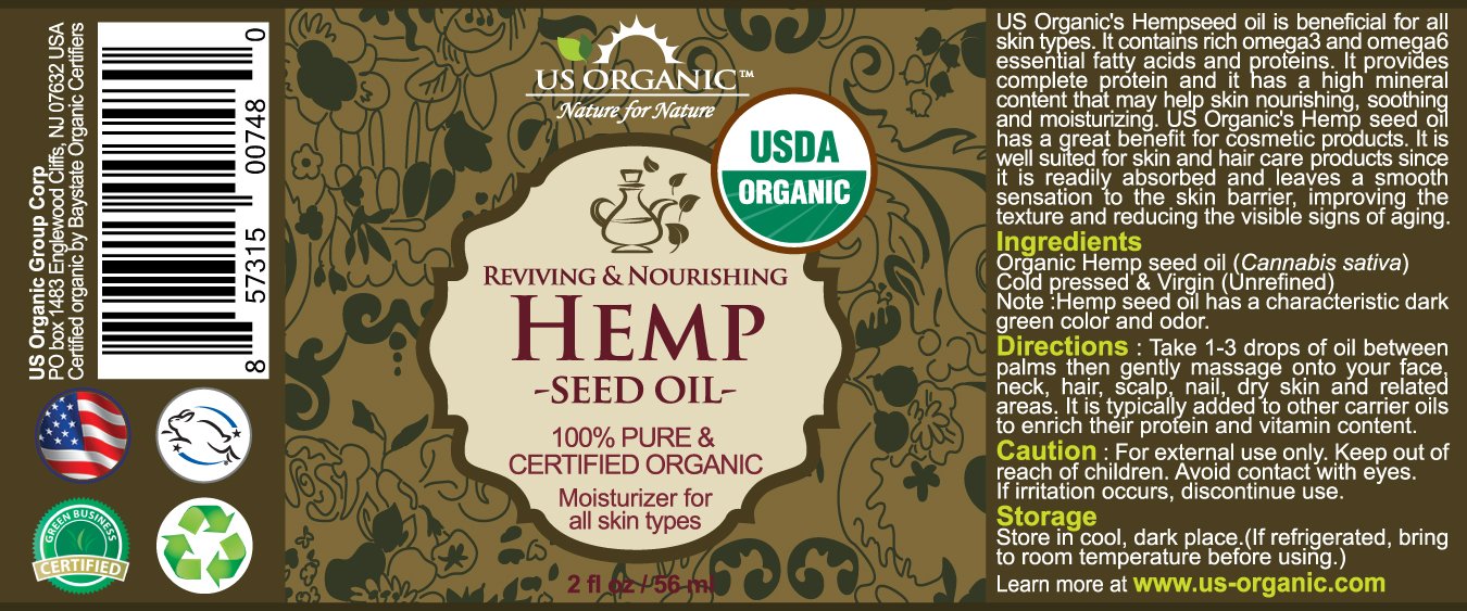 Amber glass bottle with dropper for easy application of US Organic hemp seed oil.