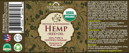 Amber glass bottle with dropper for easy application of US Organic hemp seed oil.