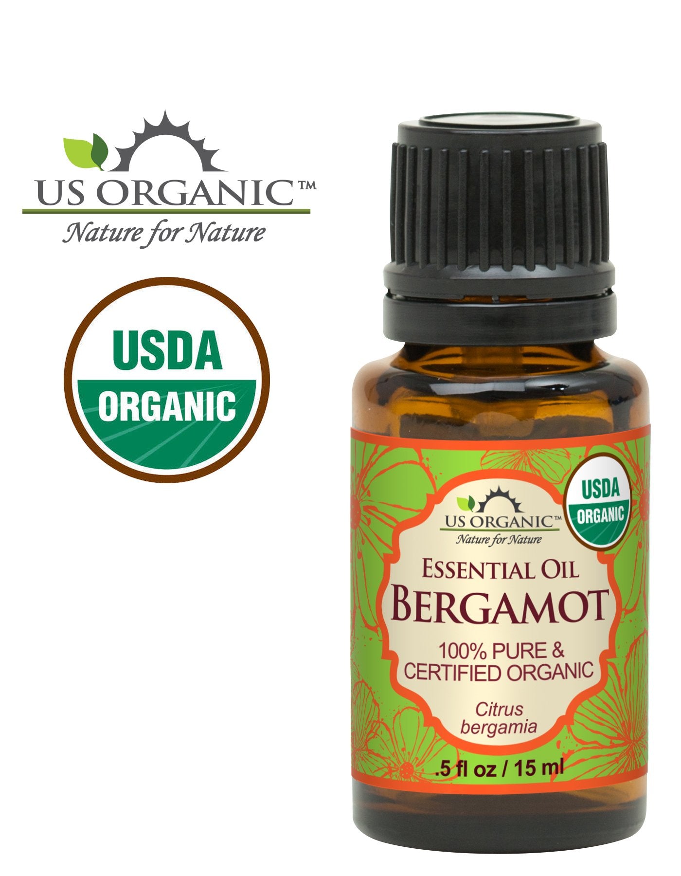 US Organic Bergamot Oil label shows USDA Organic certification and purity
