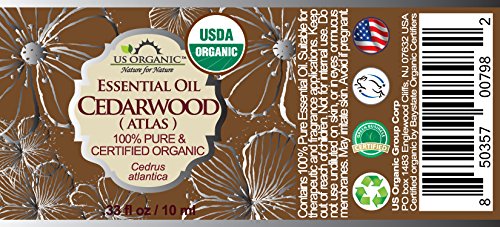 Close up of US Organic Cedarwood Oil label highlighting organic certification.