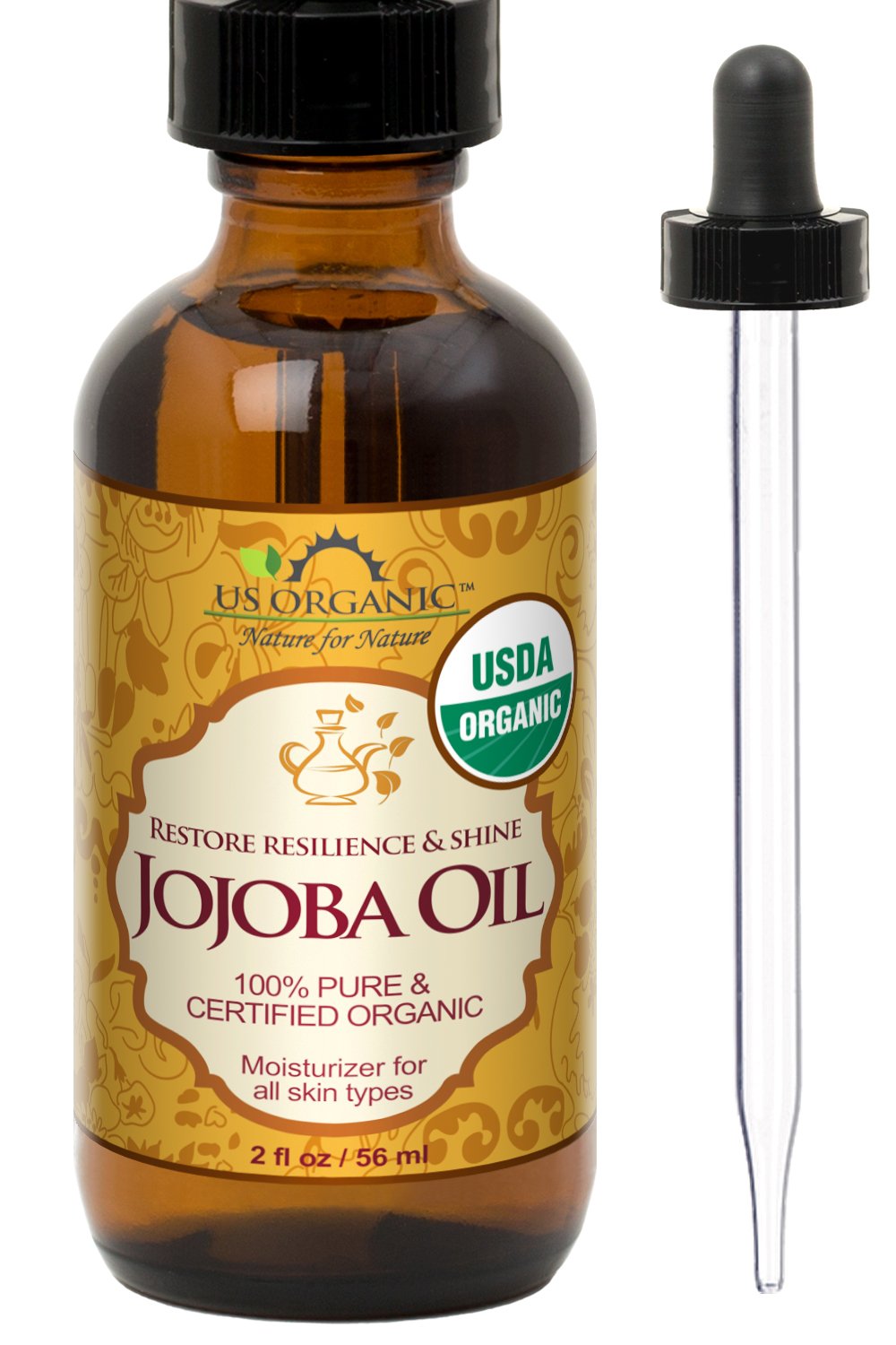 US Organic Jojoba Oil bottle pour shows quick absorption for skin
