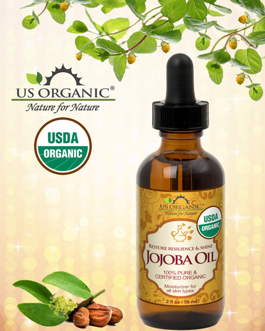 US Organic Jojoba Oil close-up reveals golden purity for healthy hair